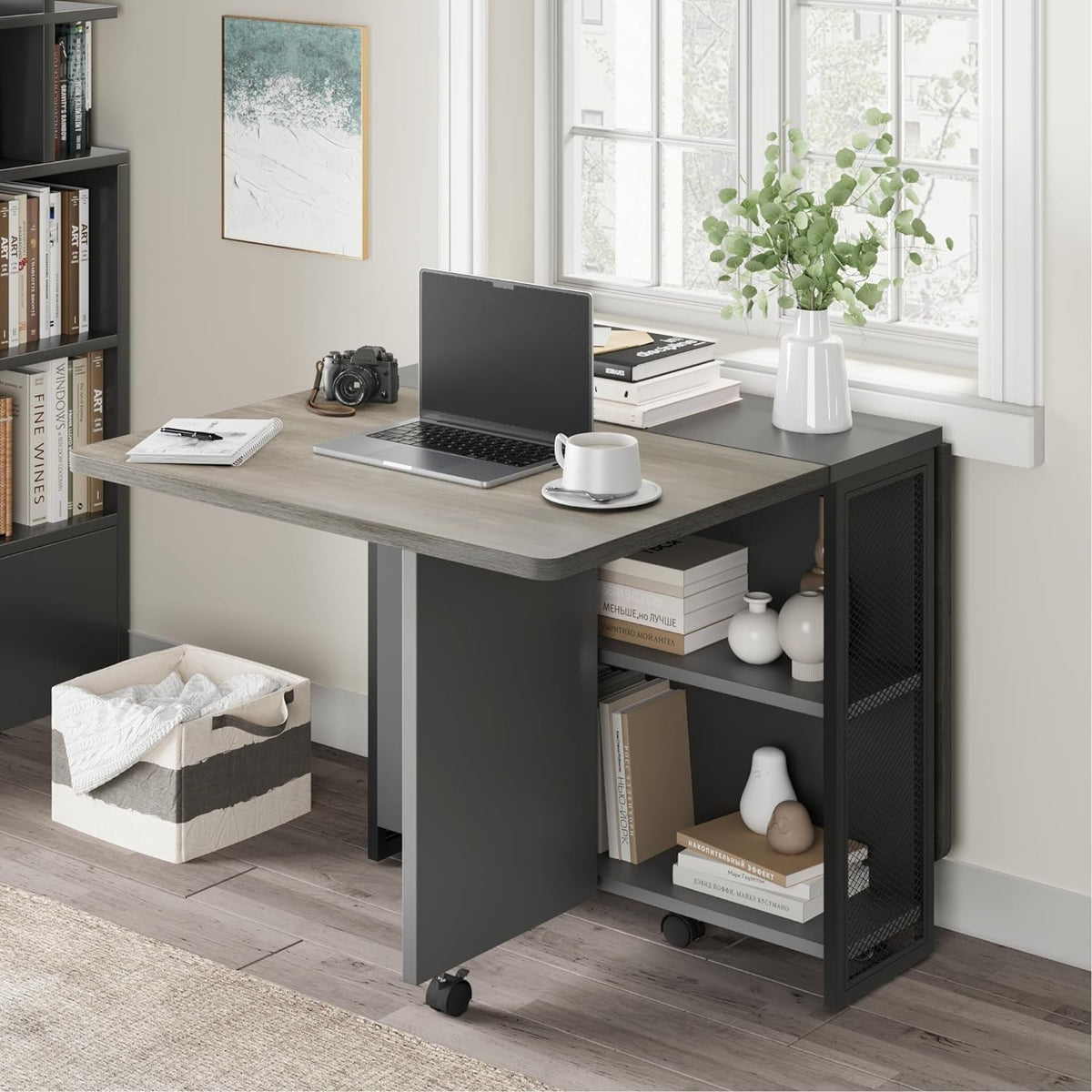 CABIHOME 50" Space Saving Folding Dining Table with 2 Tier Storage-Extendable Drop Leaf Farmhouse Kitchen Dining Room Tables Set for 4, Collapsible Expandable Rectangle, Grey