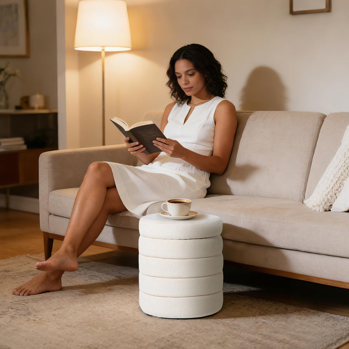 Get Set Style Modern Round Ottoman with Soft Padded Seat, Storage Vanity Chairs for Makeup, Upholstered Footrest Stool Ottoman Foot Stool for Living Room, Bedroom