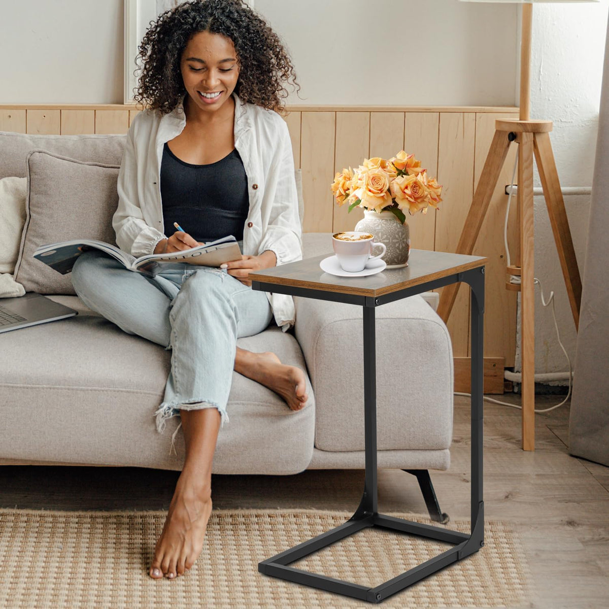 C Shaped End Tables Set of 2,Sofa Table with Metal Frame,Couch Tables with Adjustable Feet,Modern C-Design Small Side Table for Small Space, Side Tables for Living Room, Bedroom