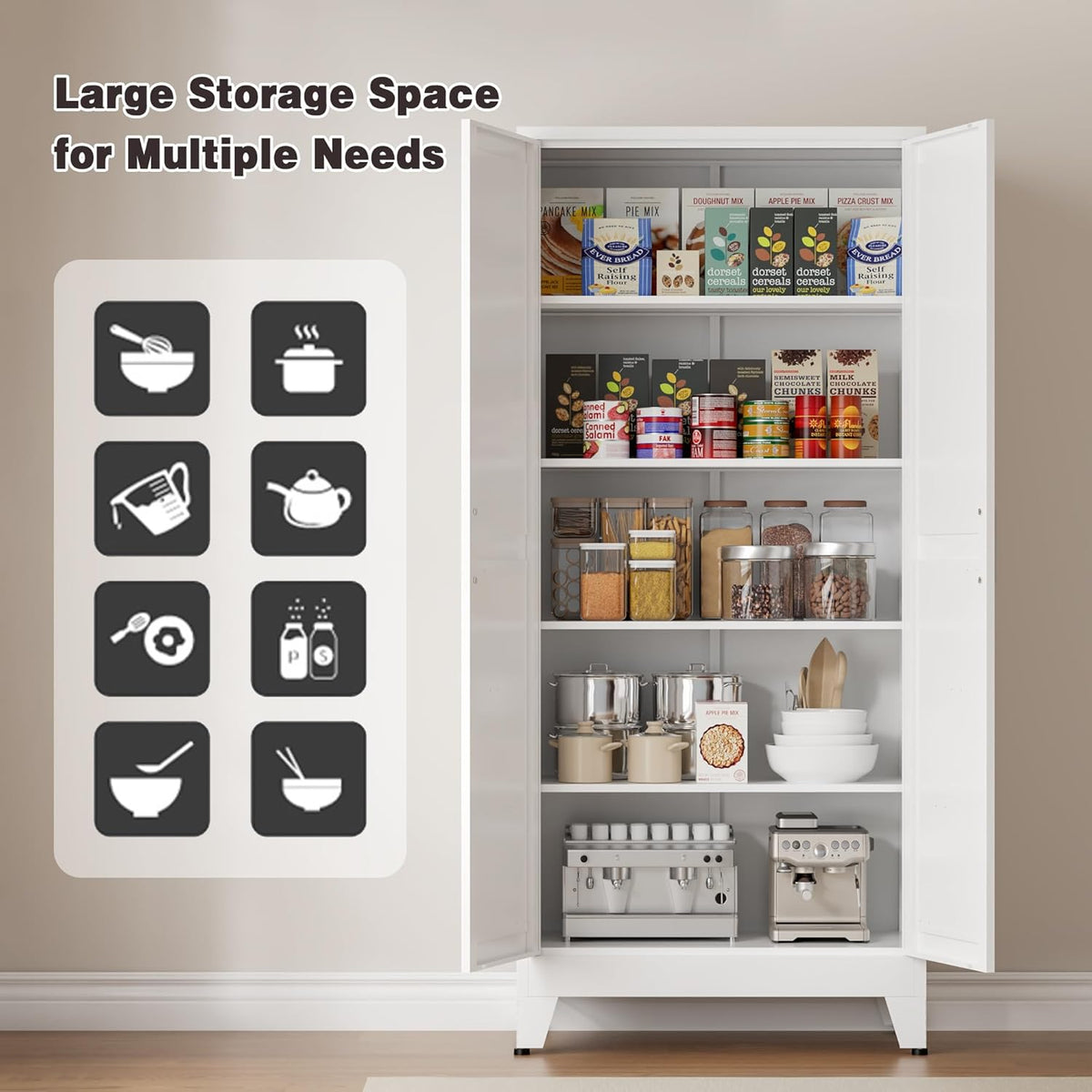 71" Tall Metal Pantry Cabinet, Kitchen Storage Cabinet with 2 Doors and 4 Adjustable Shelves for Kitchen, Living Room, Dining Room, Bathroom and Home, Office (White, 1PC)