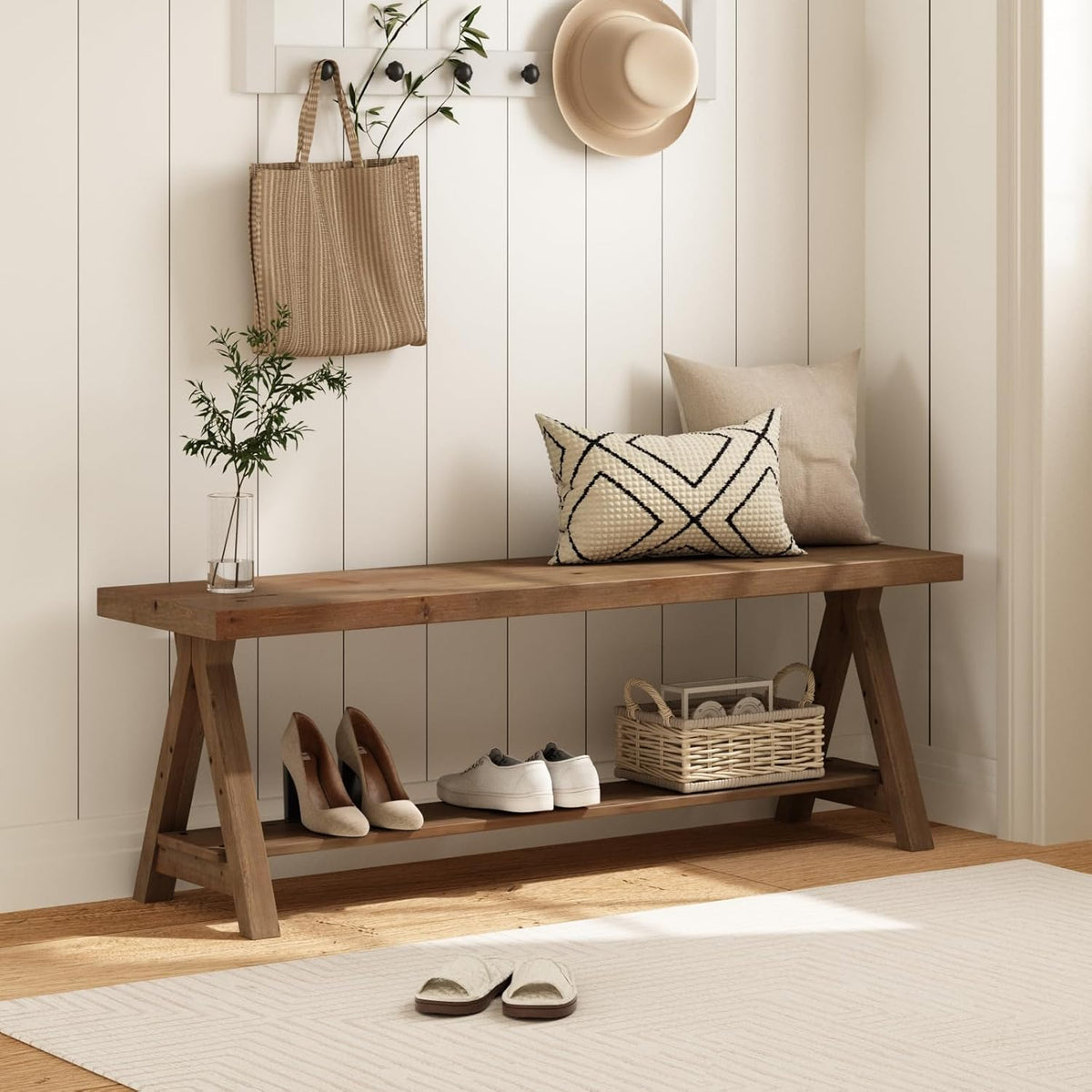 RowyPoey 51" Solid Wood Bench, Long Farmhouse Entryway Bench with Storage Shelf, Triangular Leg Design, Narrow Rustic Benches for Hallway, Bedroom, Dining, Kitchen
