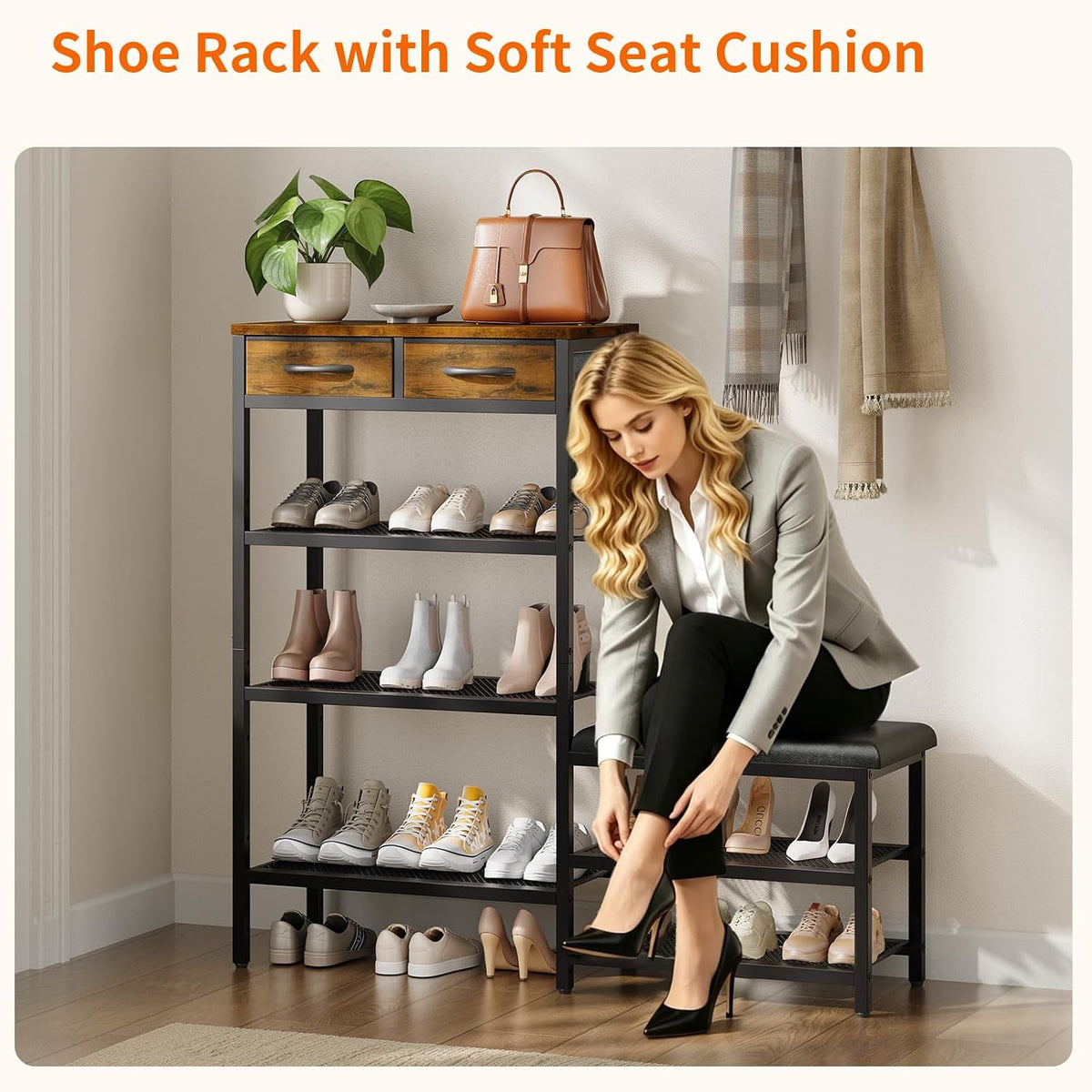 HavenlyYouth Shoe Rack Bench Cushioned with 2 Drawers & 5-Tier Entryway Organizer, Metal Frame Wood Top, Narrow Hallway Bench for Boots, Holds 16-20 Pairs, Space-Saving for Closet & Front Door