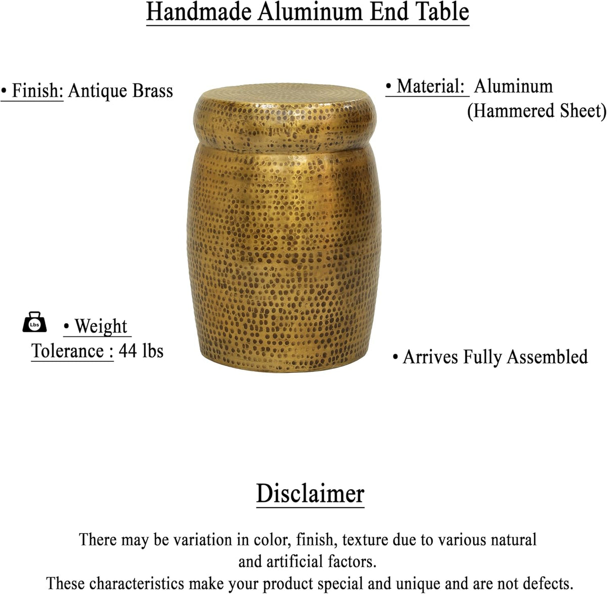 Kvira 21 Inch Round Drum Side End Table, Artisan Hammered Embossed Texture, Antique Gold Brass Finish, Modern Accent Table for Living Room, Bedroom, Entryway and Home Decor Display