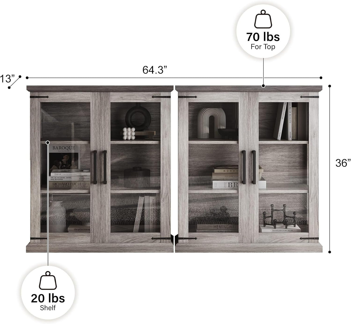 BELLEZE Set of 2 Glass Display Cabinet, 36" Tall Cabinet with Shelves and Glass Doors for Entryway, Living Room, Hallway, or Kitchen - Ashford (Gray Wash)