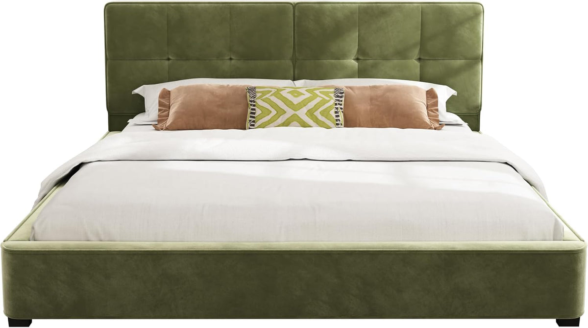 Christopher Knight Home Cordo King Size Bed, Velvet Upholstered Platform Bed, Wooden Slats Panel Support, Tufted Square Corners Haedboard, No Box Spring Needed, Easy Assembly, Oliver Green