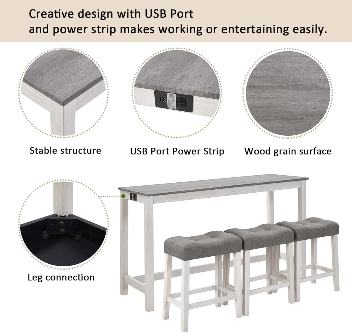 KEIKI 4-Piece Bar Table Set with Charging Ports, 59" Industrial Kitchen Table with 3 Upholstered Stools, Durable Wood Frame for Living or Dining Room, Gray & White