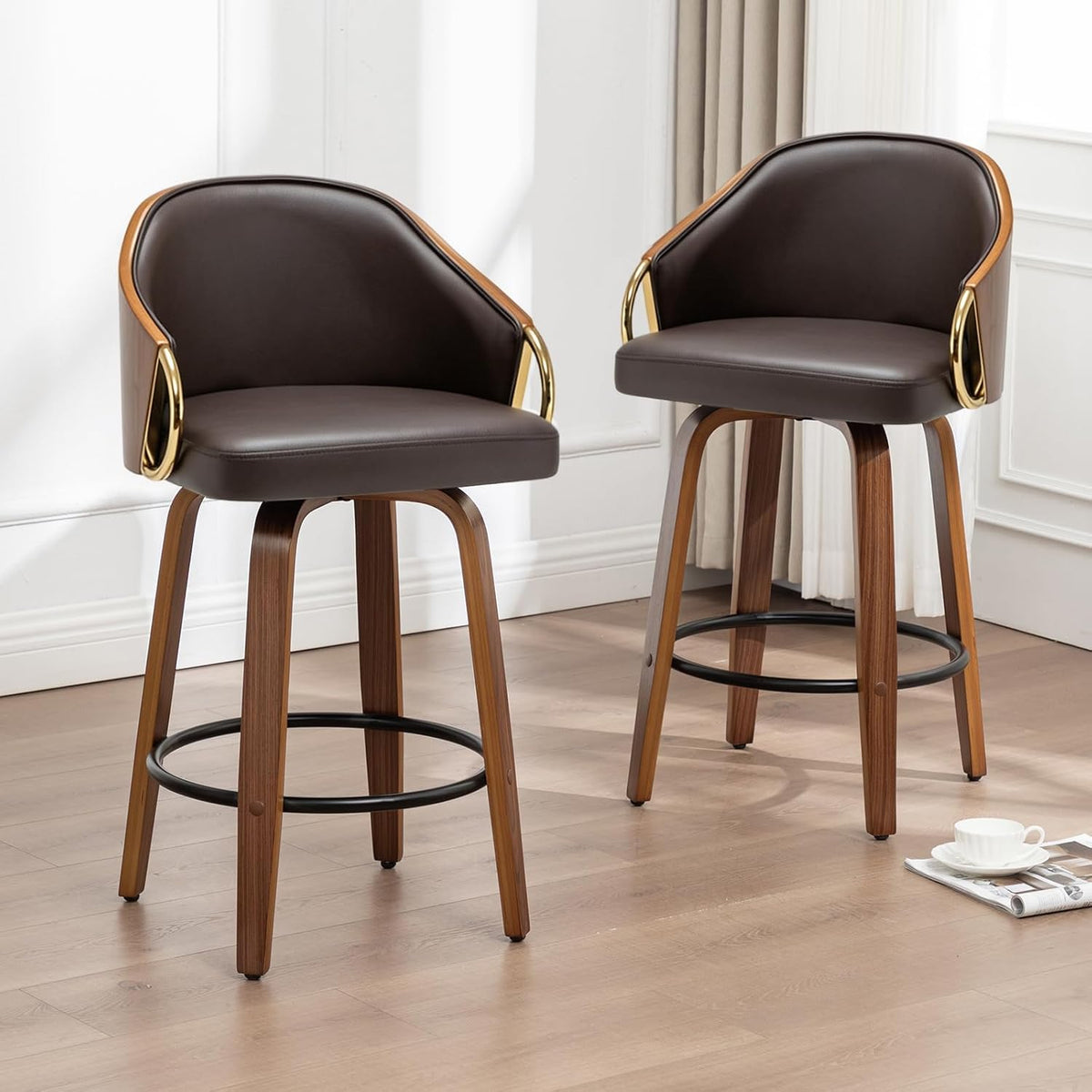 24.8" Swivel Counter Height Bar Stools Set of 2,Brown Leather Barstools Mid Century Modern Bar Chairs with Wood Legs and Golden Arms for Kitchen Dining Pub Cafe