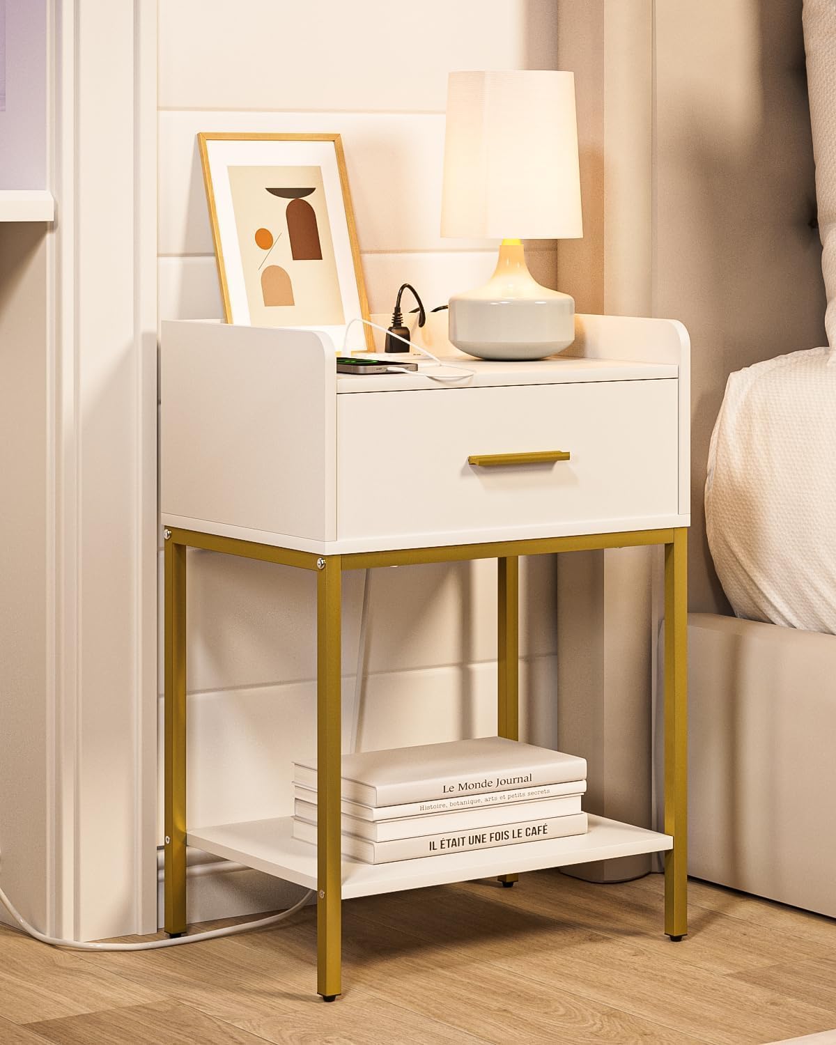 Aienvey Nightstand with Charging Station,Bedside Table with Drawer and 2 Shelf Storage, Small Side Table, Modern White Night Stand, Tall End Table for Bedroom, Living Room