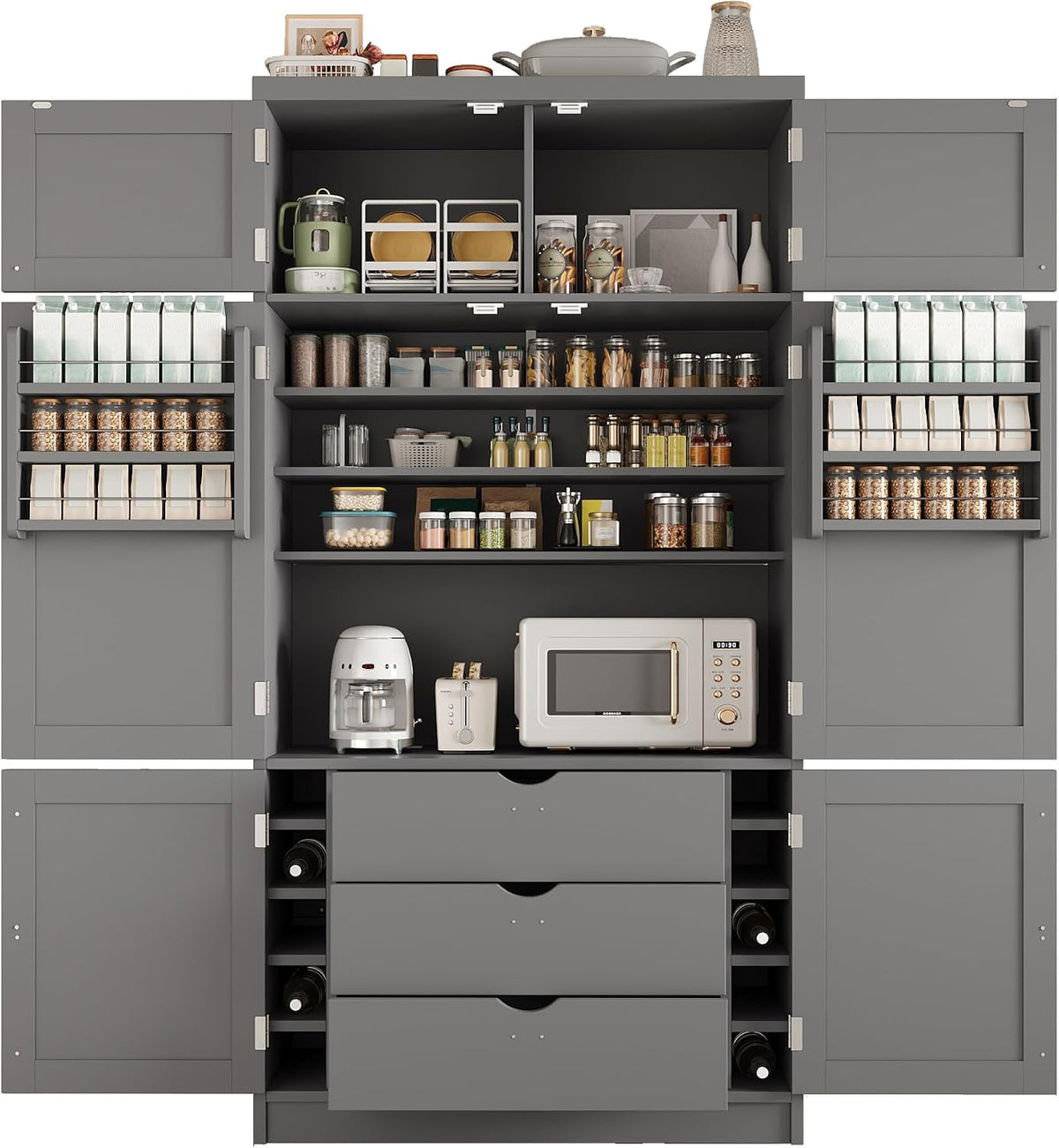 Large Kitchen Pantry Storage Cabinet, Freestanding Cupboard with 2 Power Outlets, Adjustable Shelves and Door Shelves, Tall Storage Cabinet for Kitchen, Dinning Room, Living Room (Grey)