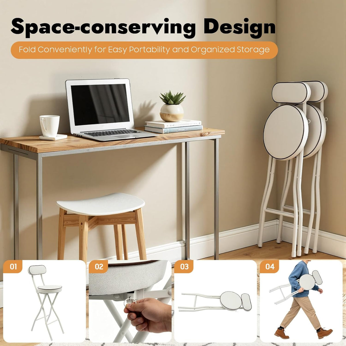 YIYIBYUS 2 Pcs Folding Bar Stools with Back, 25.6 Inch Height Portable High Chair, Foldable Stool Chair for Outdoor Indoor Kitchen Shop Cafe (White)