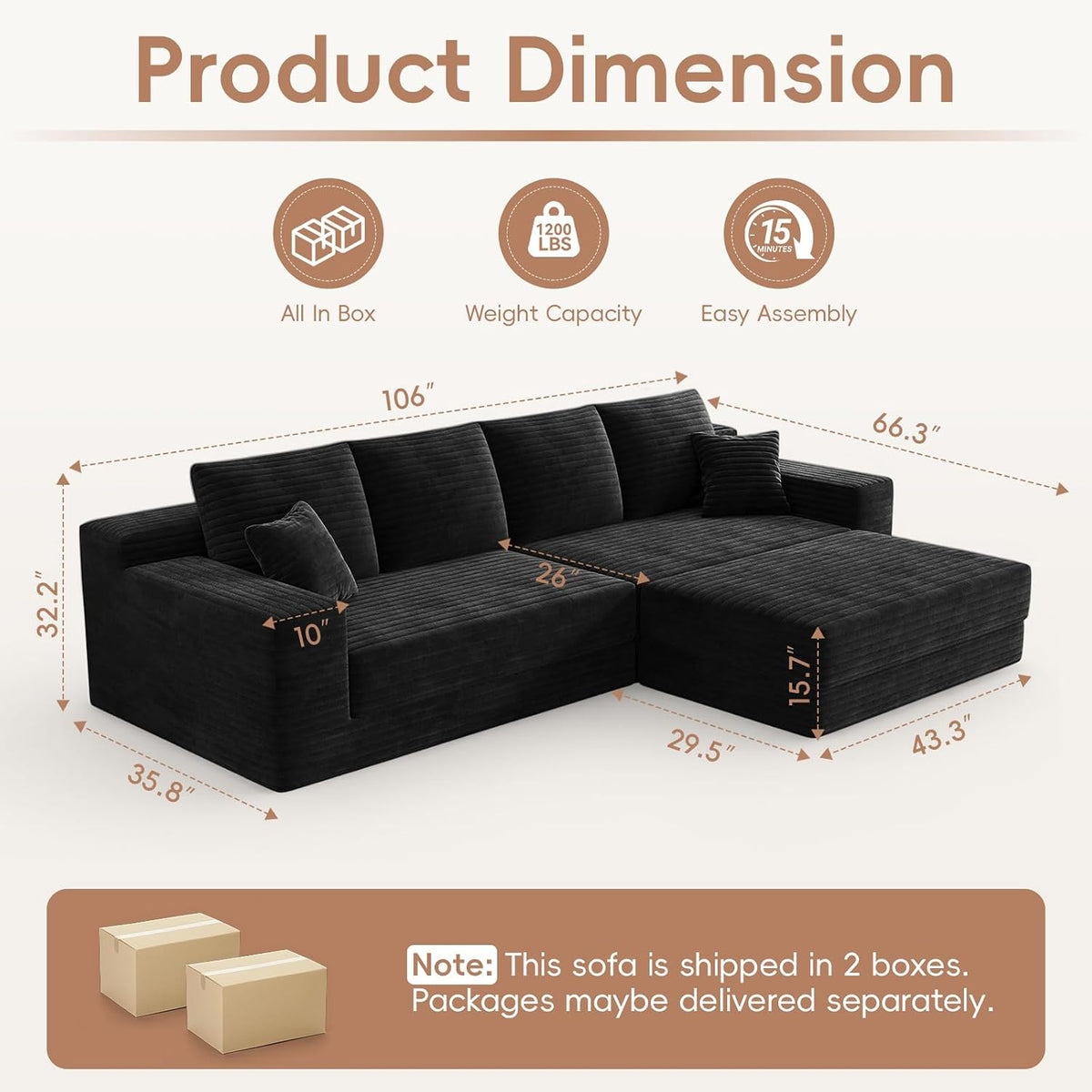 106" Modular Cloud Sofa Couch Convertible Sectional with High Density Foam, 4-in-1 Sofa Bed/Tatami/L-Shape Couch, No Assembly Required Black Couch