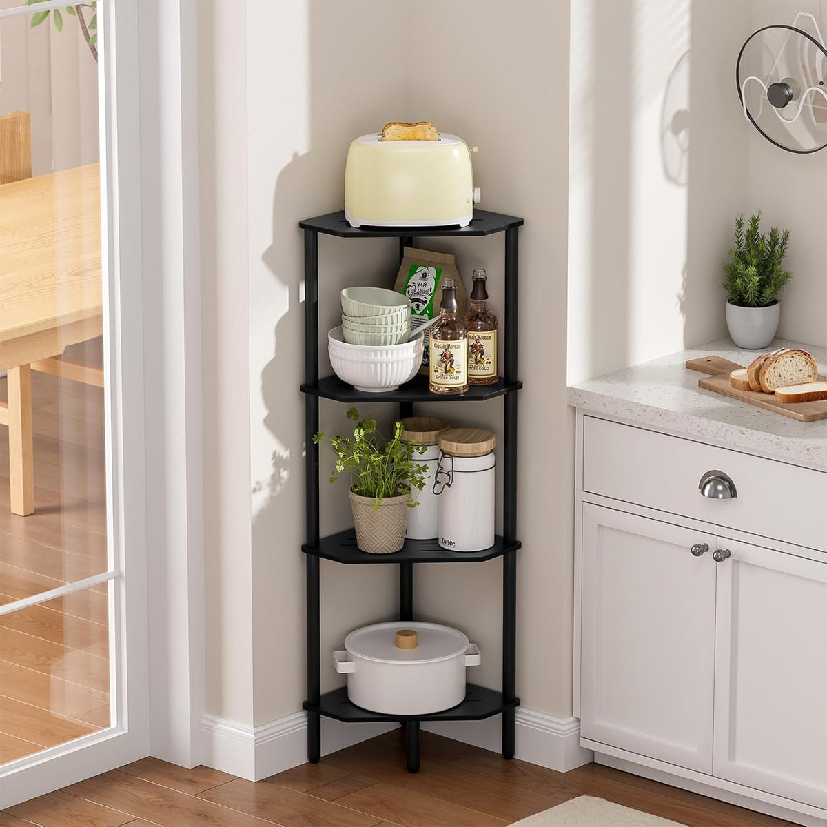 Corner Shelf Stand, 4 Tier Corner Bookshelf, Bamboo Storage Standing Shelf Unit, Tall Storage Plant Stand,Bookcase for Living Room, Home Office, Bedroom, Kitchen, Black