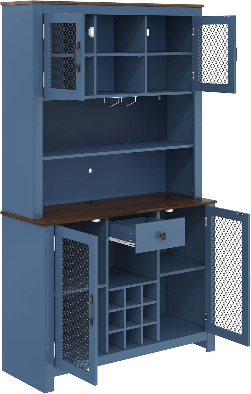 71” Kitchen Pantry with Microwave Shelf & Charging Station, LED Lighting Bar Hutch Cabinet with Storage Doors & Shelves, Glass Holders, Wine Rack, Wooden Structure (Navy Blue)