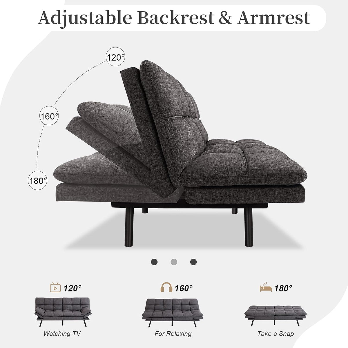 Opoiar Futon Sofa Bed Convertible Memory Foam Foldable Couch Modern Sleeper Loveseat with Adjustable Armrests&Backrests for Small Spaces Office Studio Apartment Dorm Game Room
