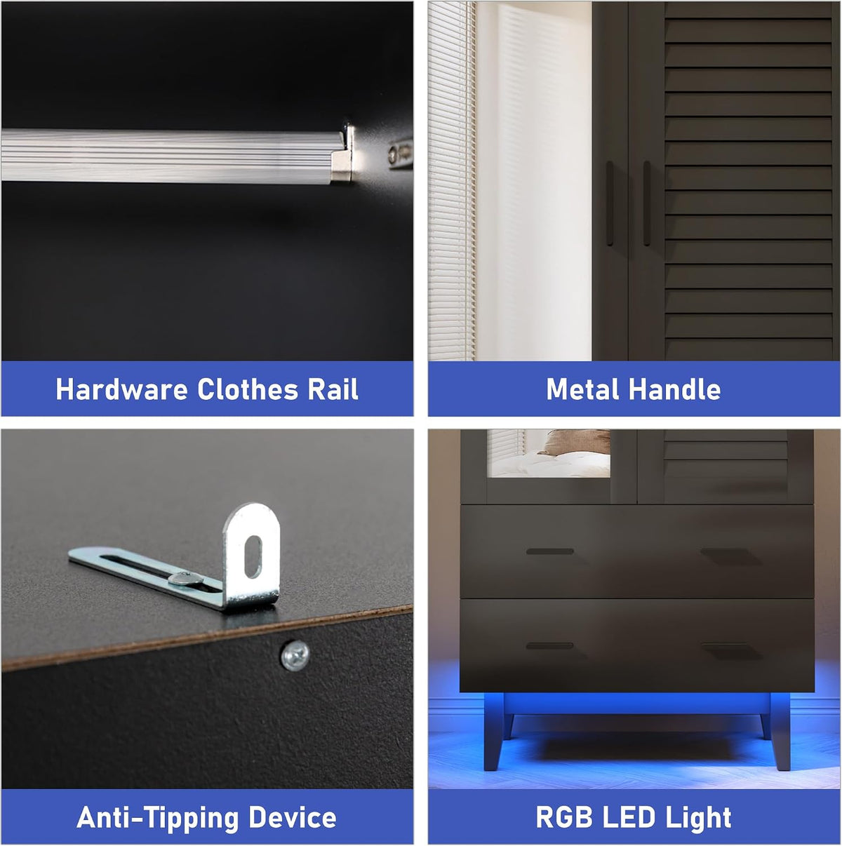 Hlivelood 2 Door Armoire Wardrobe Closet Cabinet with Mirror, Drawers and LED Lights, Multi-Tier Shelves, Hanging Rod & 2 Louver Doors, Large Capacity Storage Wardrobe Armoire for Bedroom, Black