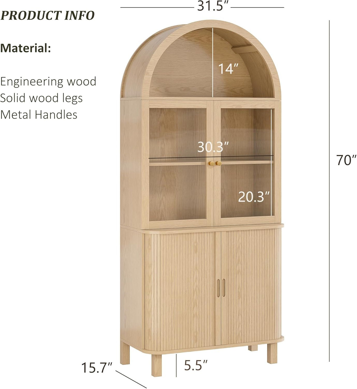 69" Tall Kitchen Pantry Storage Cabinet with Sliding Door, Modern Curved Edge Pantry Storage Cabinet with Glass Door & Adjustable Shelves, Oak Cupboard for Kitchen, Dining Room, Living Room, Office