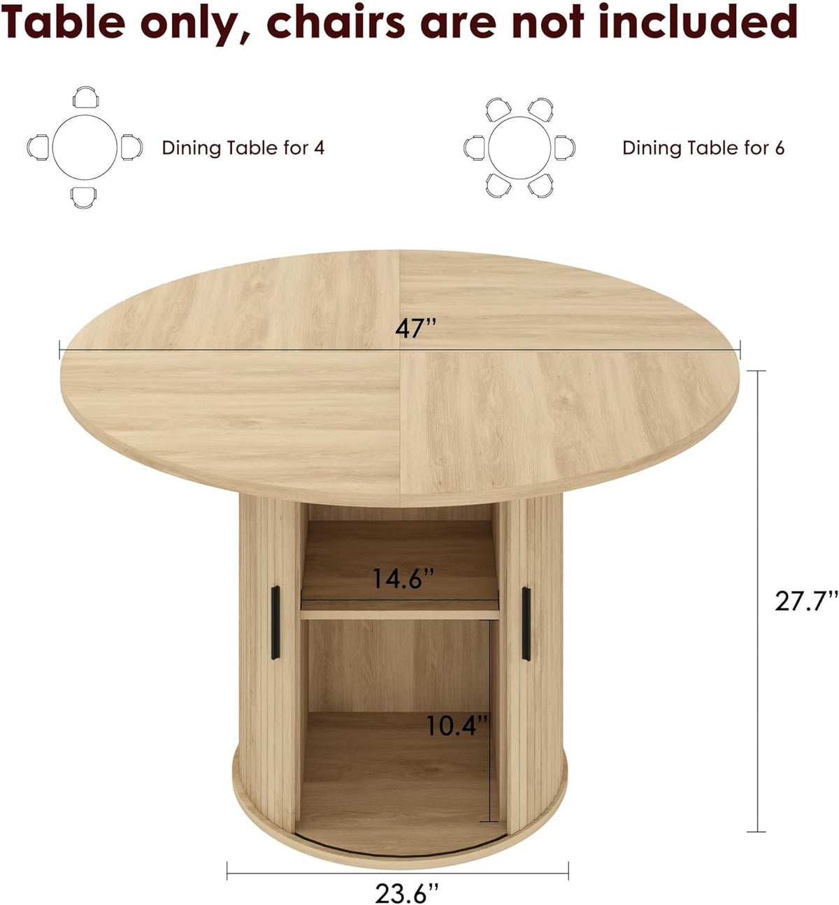 GarveeHome 47'' Round Dining Table with Hidden Storage for 4, Kitchen Dining Room Circle Dinner Pedestal Table with Slide Door Shelf, Space Saving Wood Furniture for Small Spaces, Dining Room, Natural