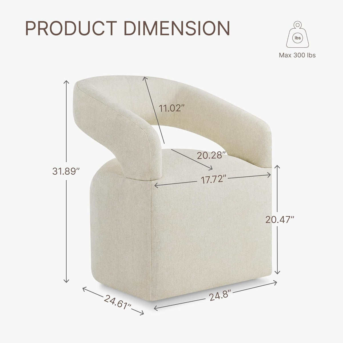 KISLOT Upholstered Dining Chairs Set of 1, Modern Arm Kitchen & Dining Room Chairs with Hidden Casters, Linen Fabric Padded Rolling Chairs, Sturdy Wood Frame, 300 lbs Capacity, Cream Beige