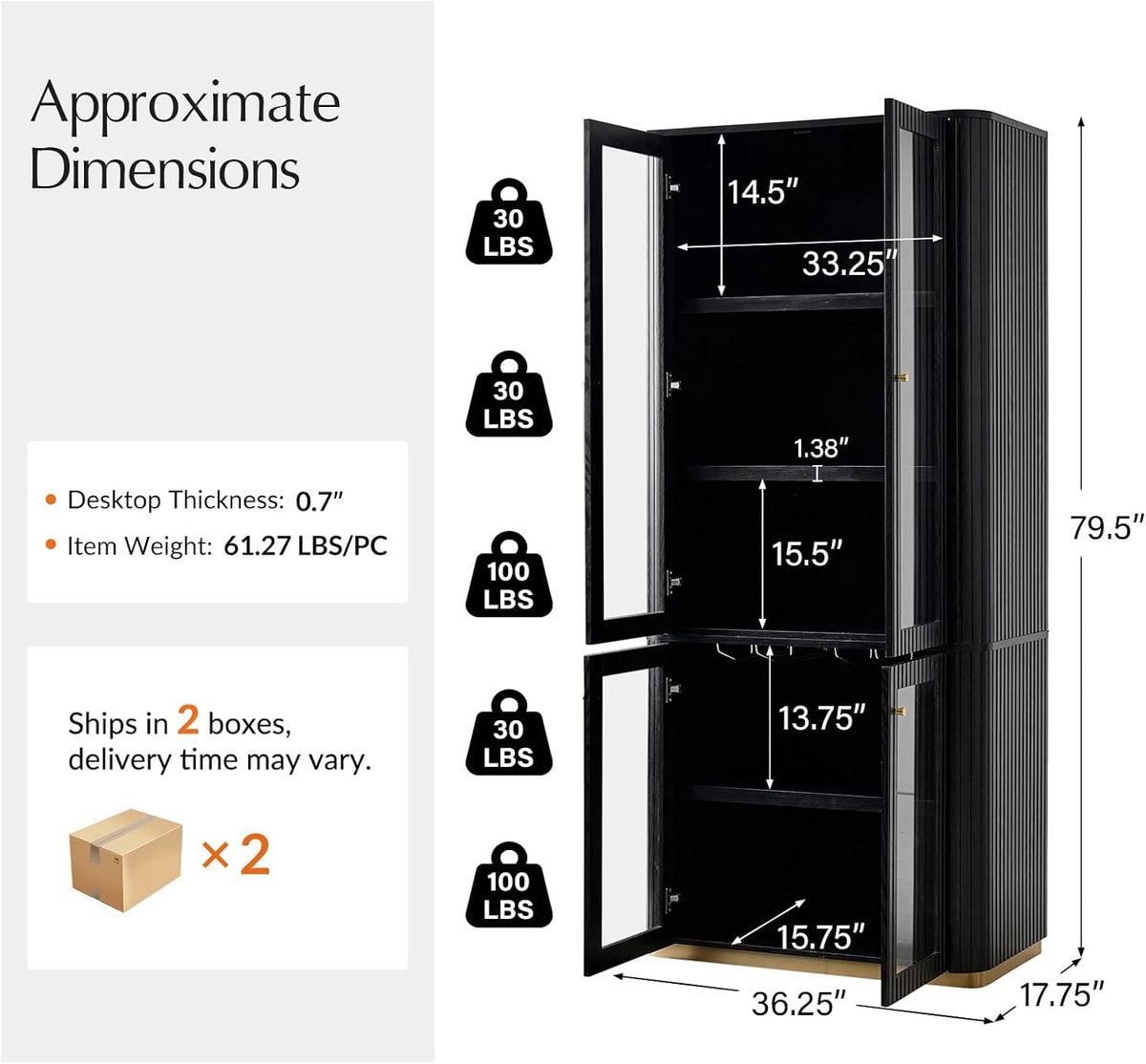 HULALA HOME Modular Display Storage Cabinet, 79.5" Tall Fluted Bookcase with Glass Doors, Modern Pantry Cabinet for Dining Room Home Office Living Room, Black