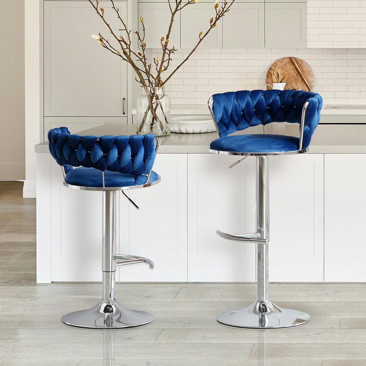 Blue Velvet Swivel Bar Stools Set of 2, Adjustable Counter Height Stools | Kitchen Island Stool with Metal Base, Woven Hollow Back, Upholstered, 360° Swivel, for Dining Room, Pubs