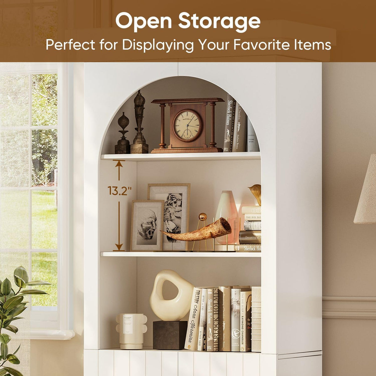71" Arched Kitchen Modern Pantry Storage Cabinet, Tall Display Cabinet for Dining Room and Living Room with 1 Glass Door and 1 Open Shelf Cabinet with Drawers, White with Gold Handles, 2 of Set