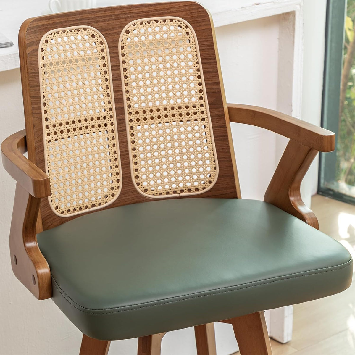 Swivel Counter Stools with Arms, Kitchen Island Stools with Rattan Back | Walnut Bentwood Frame, Curved Arms, Upholstered Seat, Adjustable Bamboo Legs, Counter Top Stools for Island, Pub, Kitchen