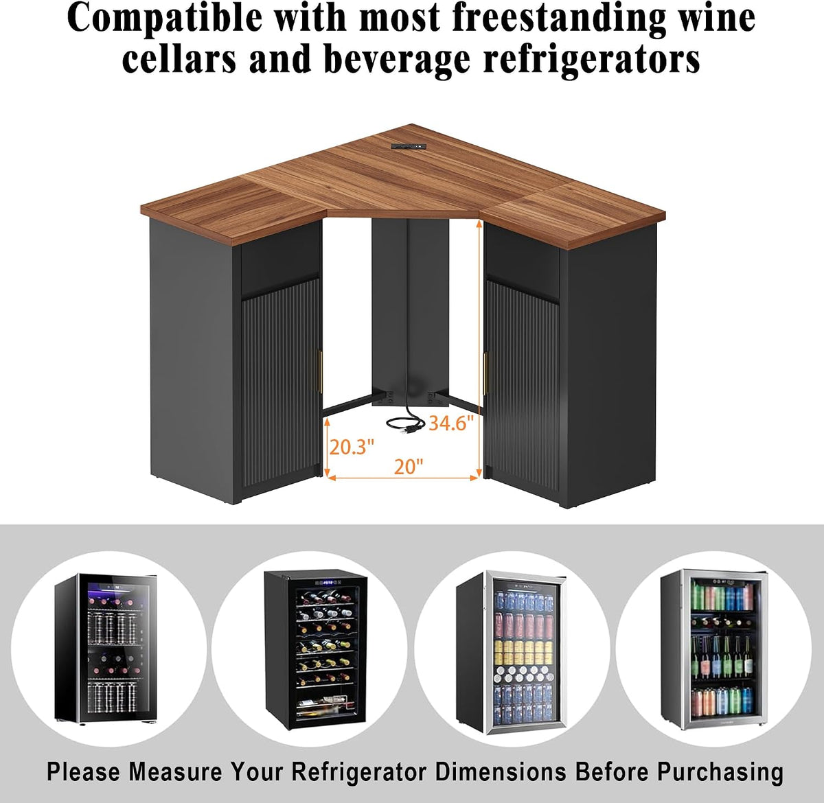 GDLF Corner Coffee Bar with Fridge Space, L Shaped Liquor Cabinet,Black | L-Shaped Countertop, Wine Glass Rack, Adjustable Shelves, Drawer Storage, Power Outlet, Coffee Station for Home & Kitchen