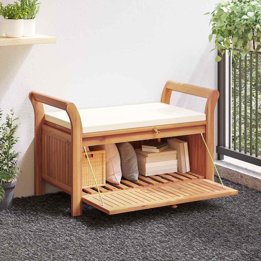 Solid Acacia Wood Patio Storage Bench with Cushion, 49.6 Inch Outdoor Garden Bench with Curved Arms and Ample Storage Space