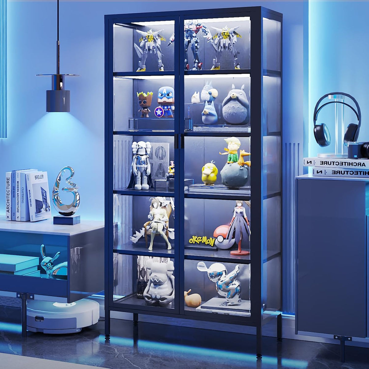 71" H Display Cabinet with Glass Doors,Display Case with LED Sensor Lights,Glass Display Cabinet with Adjustable Shelves and Feet,Display Cabinets for Living Room/Bedroom/Kitchen