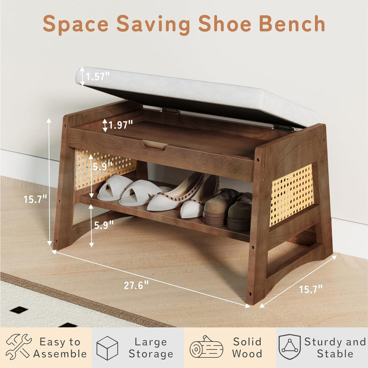 Shoe Rack Bench with Flip-Top Storage, 27.6" W x 15.7" H Solid Wood Entryway Bench Shoe Organizer with Cushion Side Hooks for Front Door Entrance Hallway Foyer Closet Living Room Bedroom
