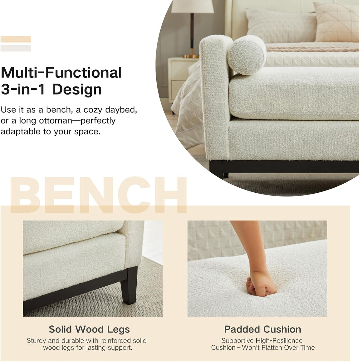 End of Bed Bench for Bedroom, 66.34'' Boucle Fabric Long King Size Bench with Black Legs for Entryway, Hallway, Cloakroom, Window Bench (White).