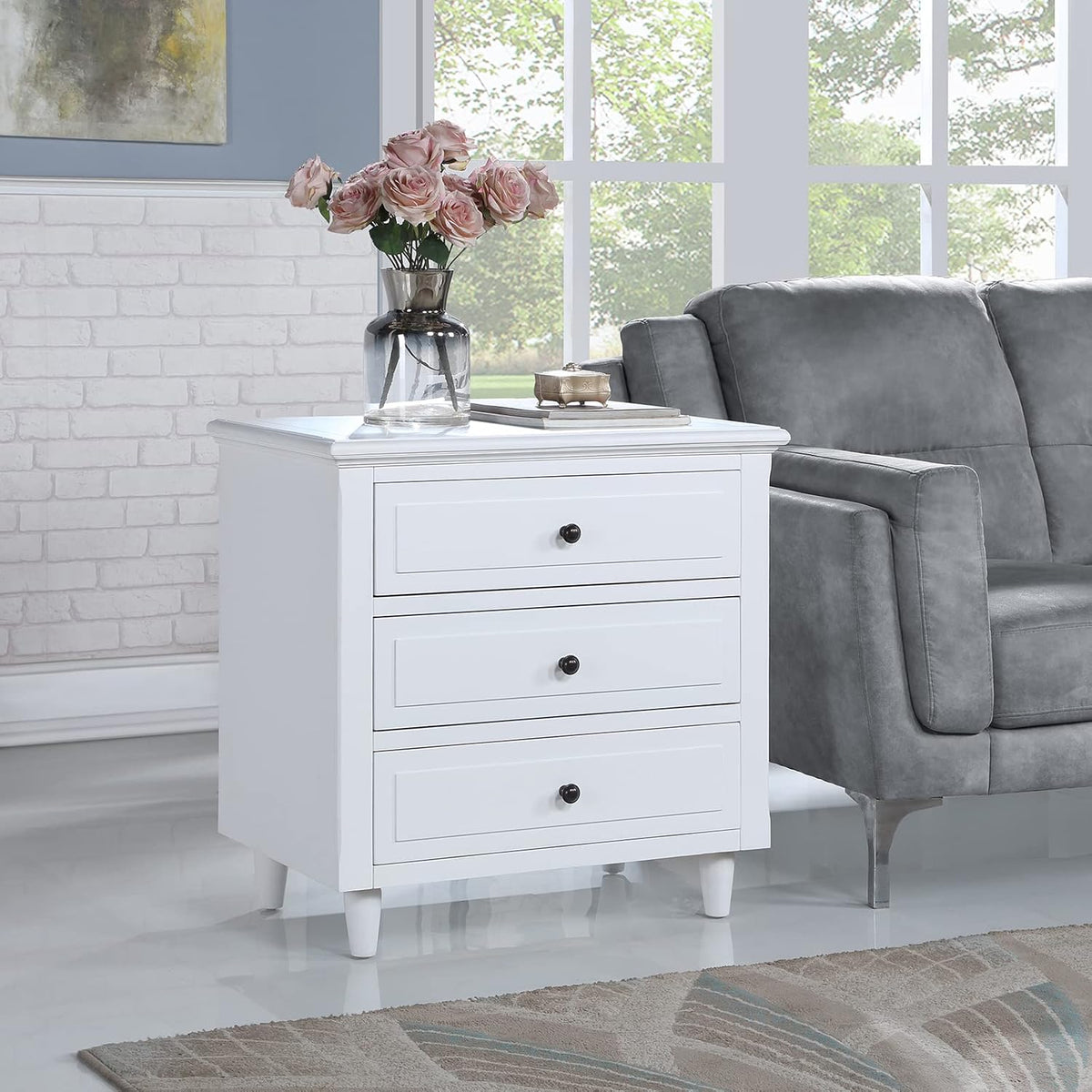 3-Drawer Nightstand for Bedroom, Storage Wood Cabinet, Simple Bedside Table, Living Room Sofa Side Table, Telephone Table, Easy-Pull Metal Glides, No Assembly Required, Long-Lasting, White