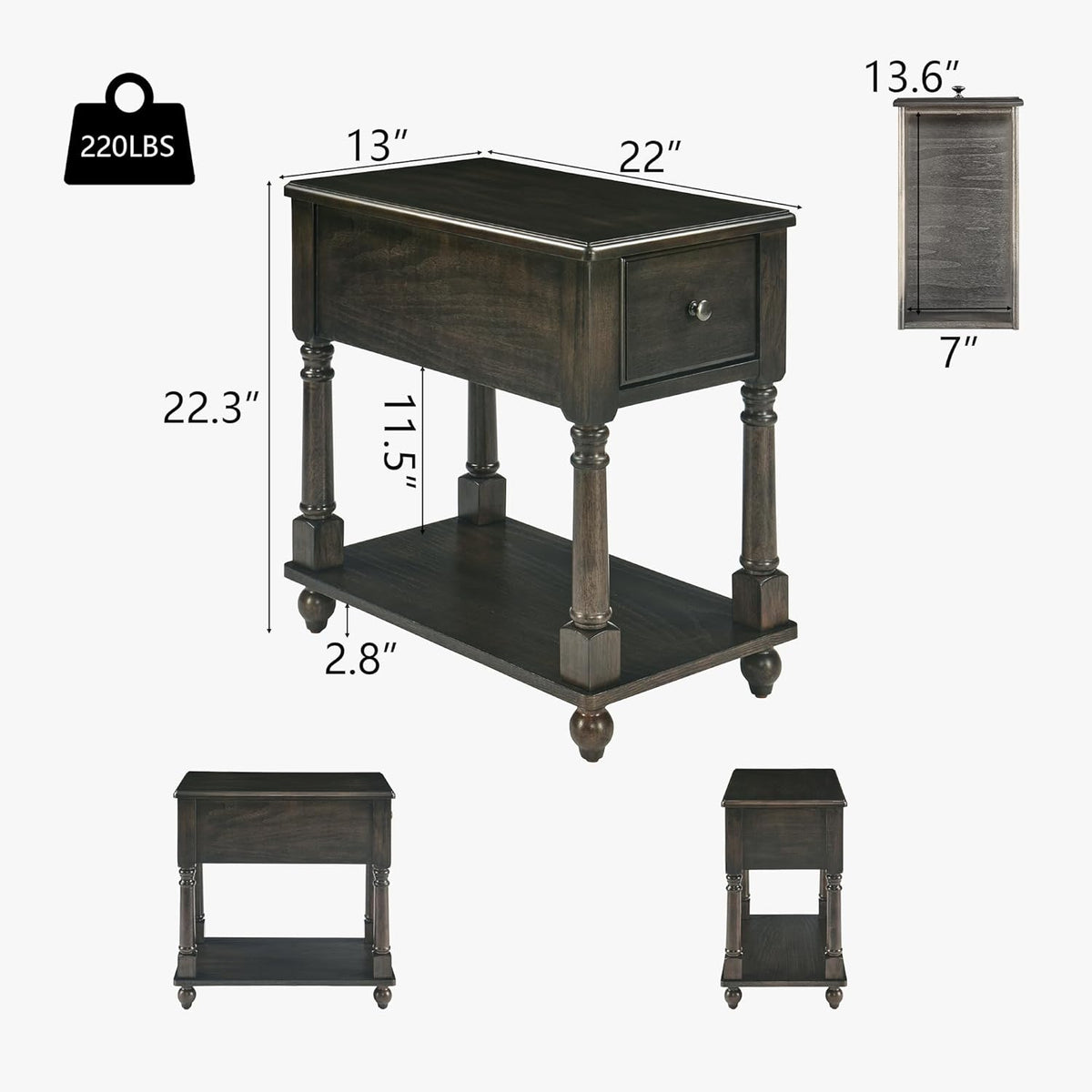 Set of 2 Narrow Open End Table with Drawer, Solid Wood Side Table 2-Tier Skinny Table with Storage Shelves Slim Nightstand Small Sofa End Table for Living Room Bedroom-Antique Black 004BK