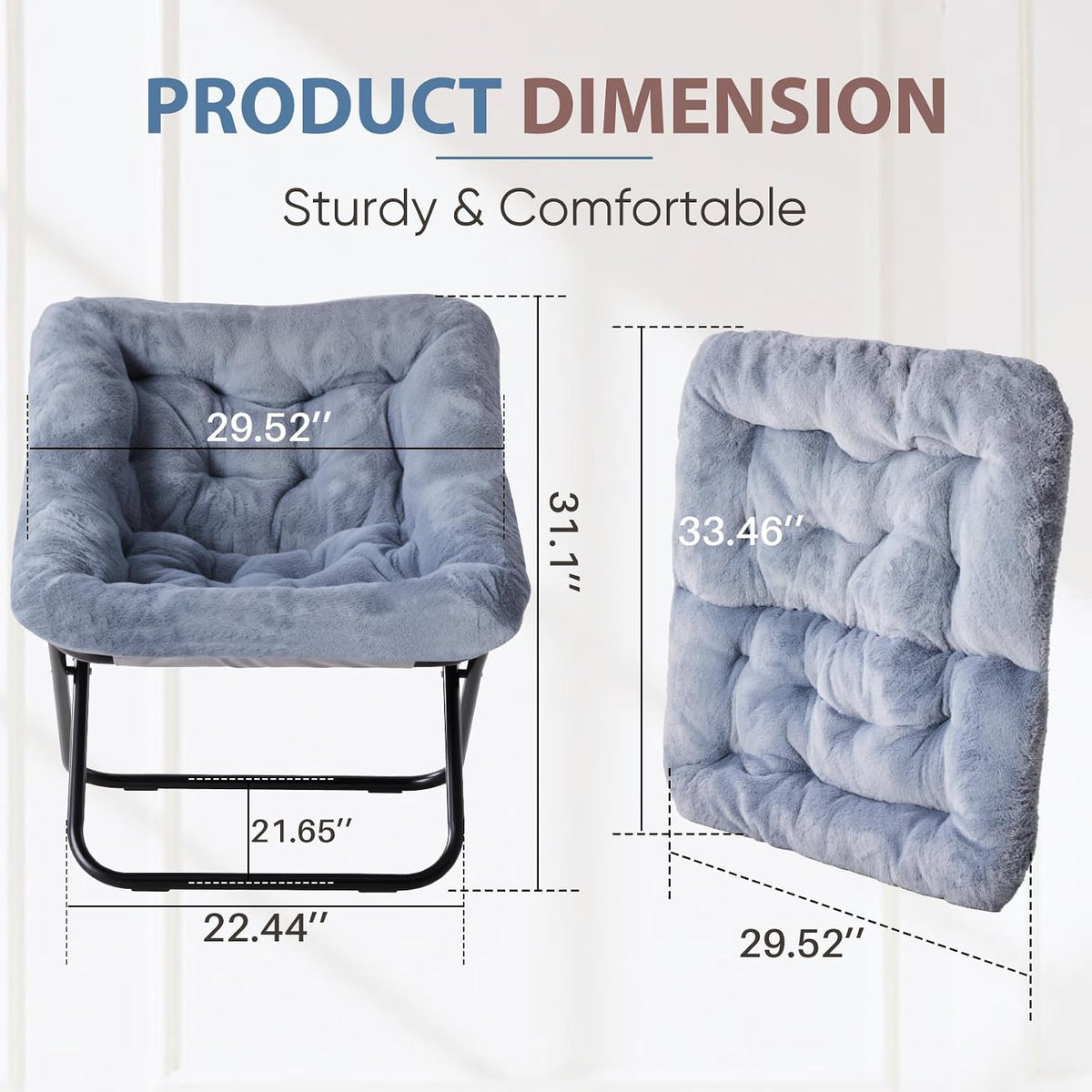 DUMOS Faux Fur Saucer Chair for Adults, Living Room Folding Lounge Chair | Comfy Soft Square Oversized Chair with Metal Frame Moon Seat, Portable Anti-Slip for Living Bedroom Dorm, Grey