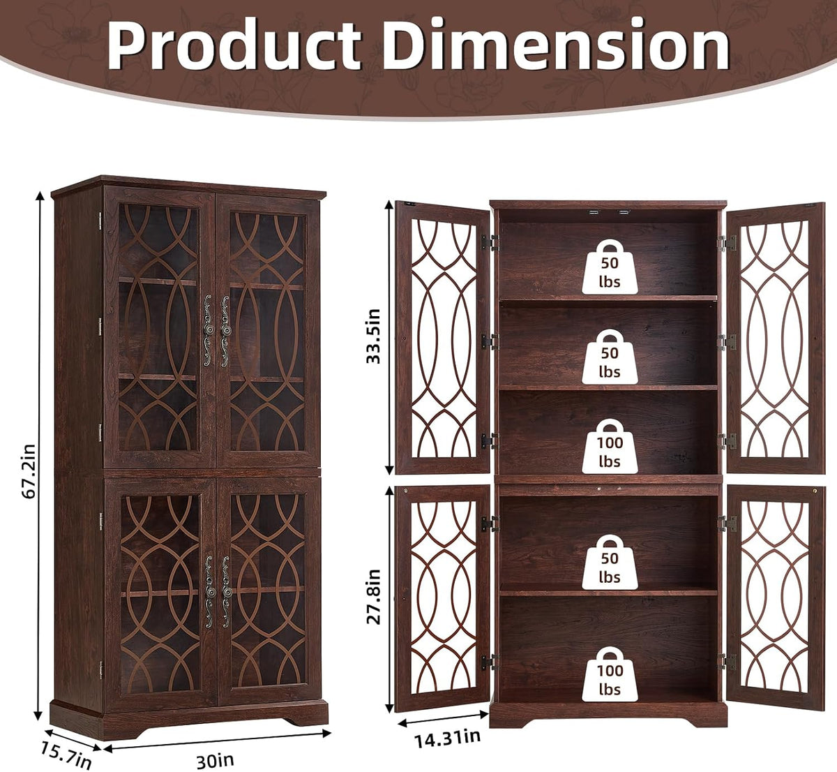 Joaxswe 67" Tall Pantry Cabinet, Wood Kitchen Pantries Cabinets with Glass Doors & Adjustable Shelves, Freestanding Vintage Cupboard with Large Storage for Dining Room, Bathroom, Walnut
