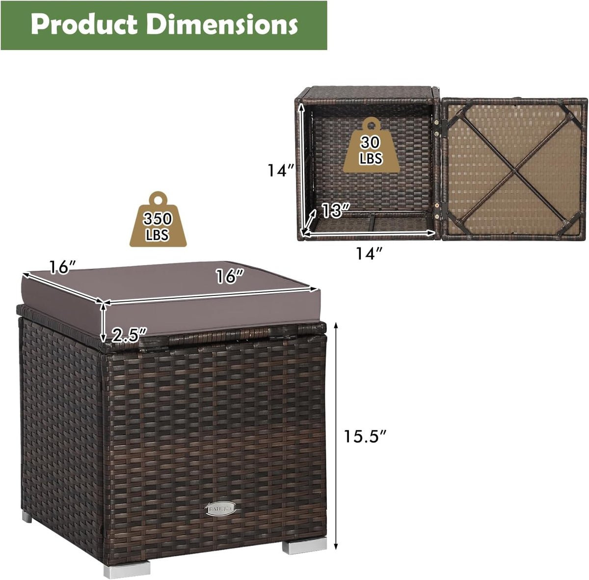 HAPPYGRILL 2PCS Patio Ottoman Set Outdoor Wicker Stool with Storage, Rattan Footrest Ottoman with Solid Metal Frame and Cushion for Backyard Poolside Garden Porch Balcony
