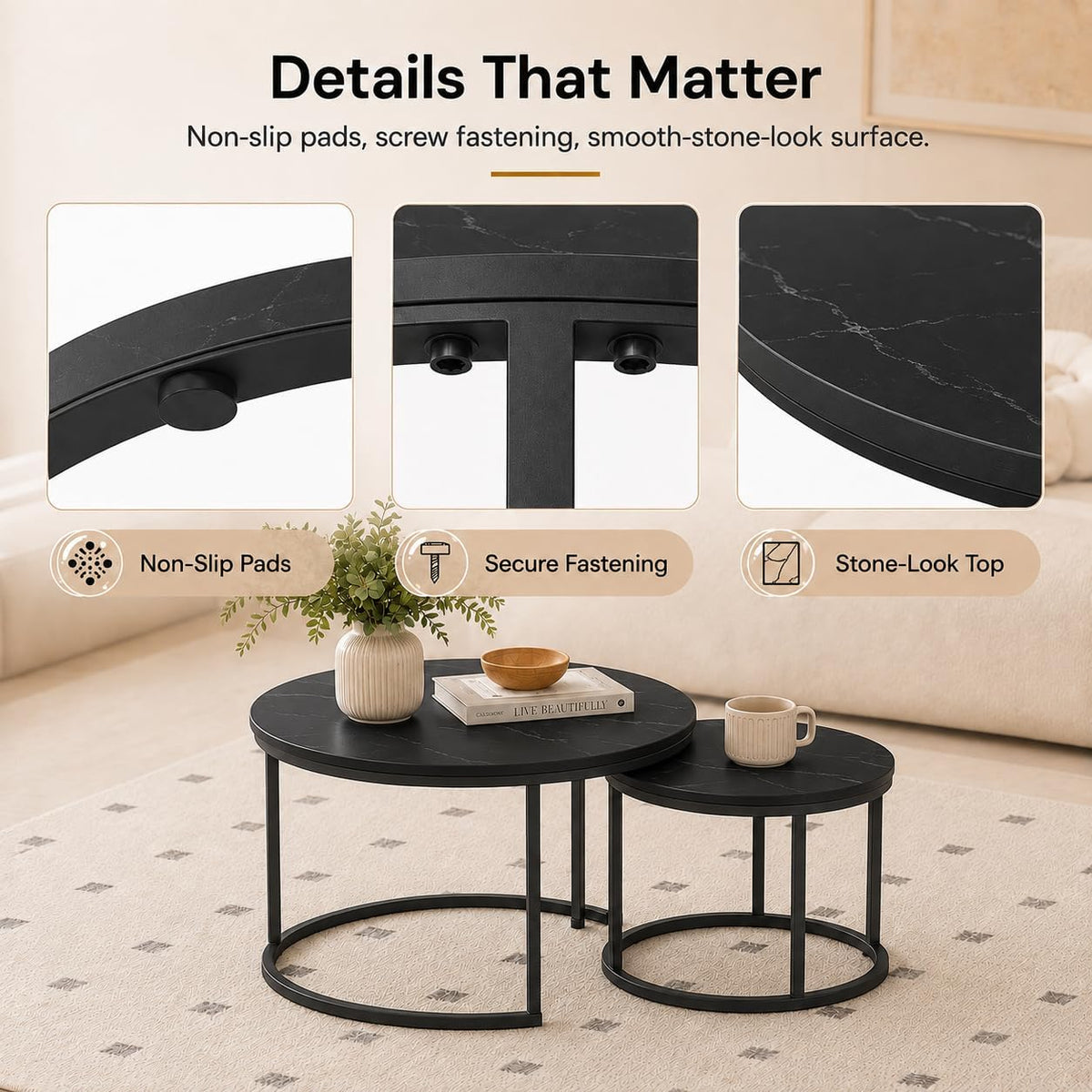 Nesting Coffee Table Set of 2，Black + Black | 27.6'' Industrial Coffee Table Nesting with Metal Frame, Round Coffee Tables for Living Room,Bedroom, Balcony