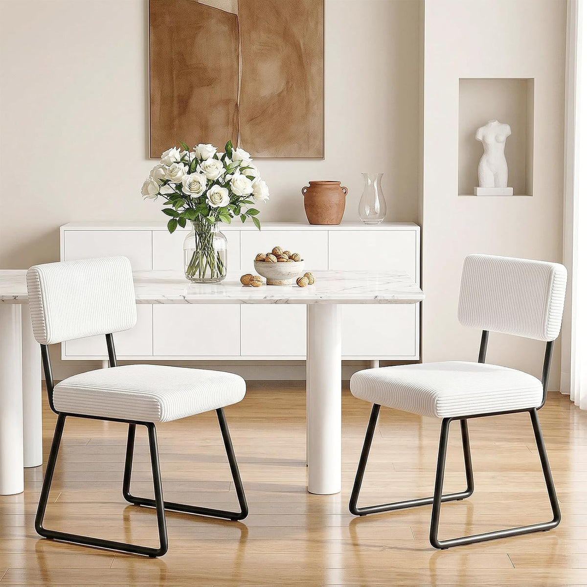 Velvet Dining Chairs Set of 4, Upholstered Dining Room Kitchen Chair with Thick Cushion, Soft Backrest, Metal Legs, Mid Century Modern Accent Side Chair for Home Living Room Bedroom, White