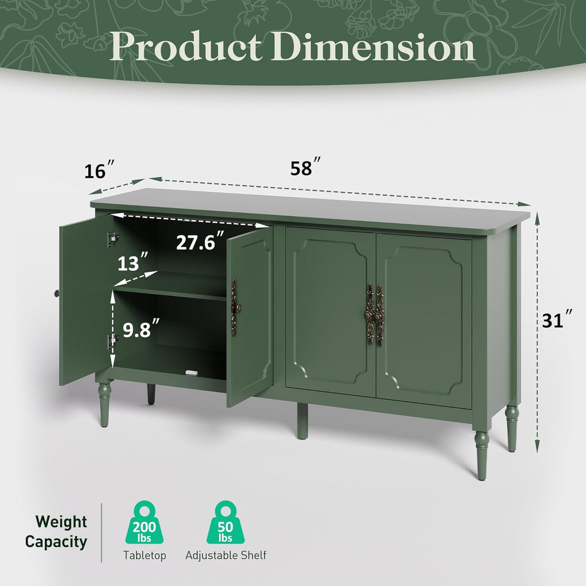 FansaFurn 58" Large Sideboard Buffet Cabinet with 4 Doors, Modern Credenza Buffet Table for Coffee Bar, Storage Cabinet for Dining Room Living Room, Green