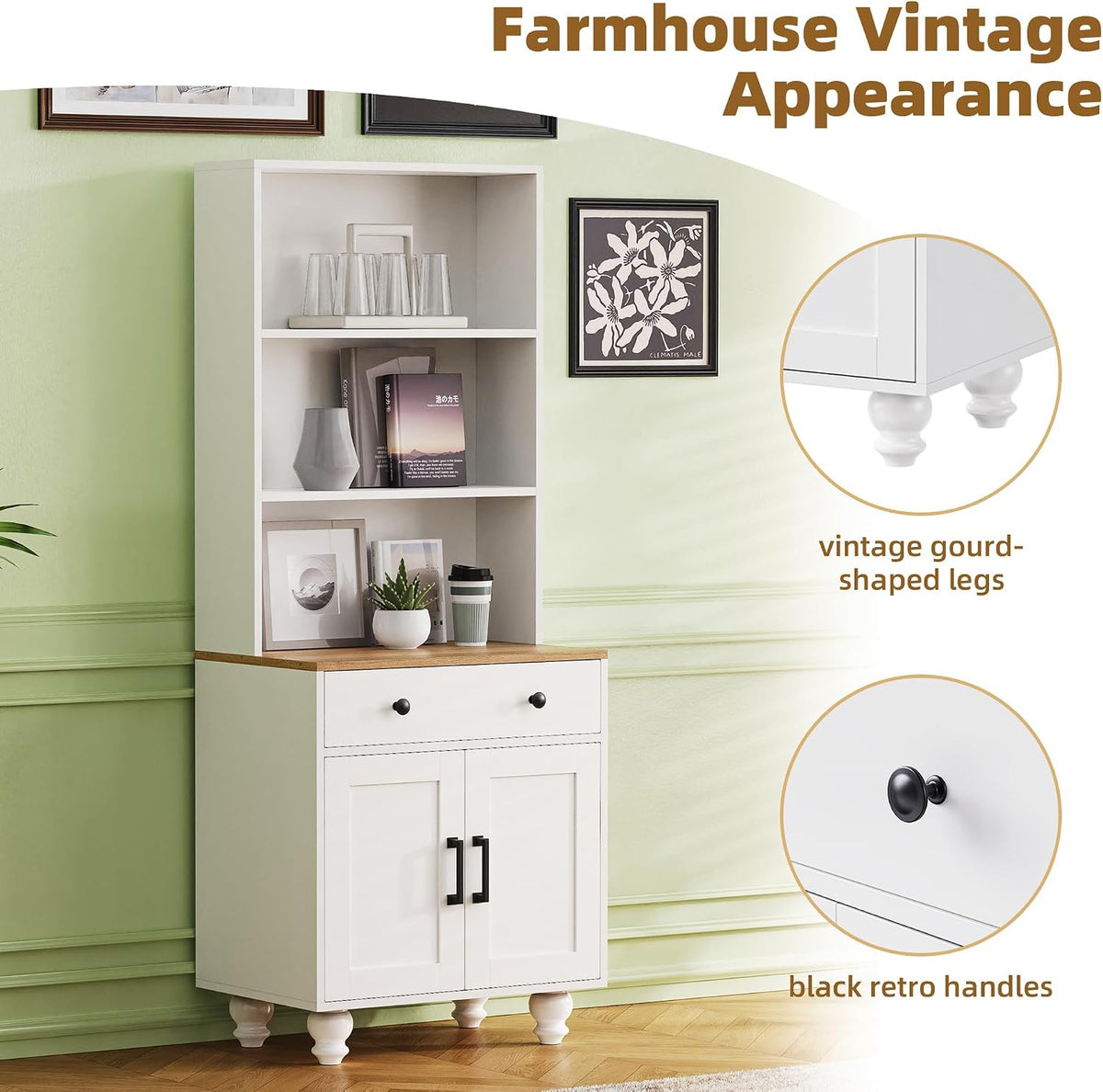 Farmhouse Kitchen Pantry Cabinet, 63'' Tall Storage Cabinet Wood Food Pantry with 2 Drawers & Adjustable Shelves, Kitchen Hutch Bookshelf for Dining Room (White)