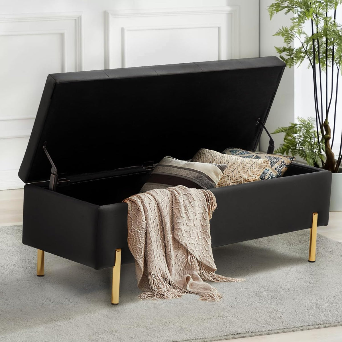 45.6 Inch Velvet Storage Bench Tufted Upholstered Ottoman Bench, Bedroom Bench with Storage, for Bedroom Living Room Entryway Rectangular Accent Bench, Black