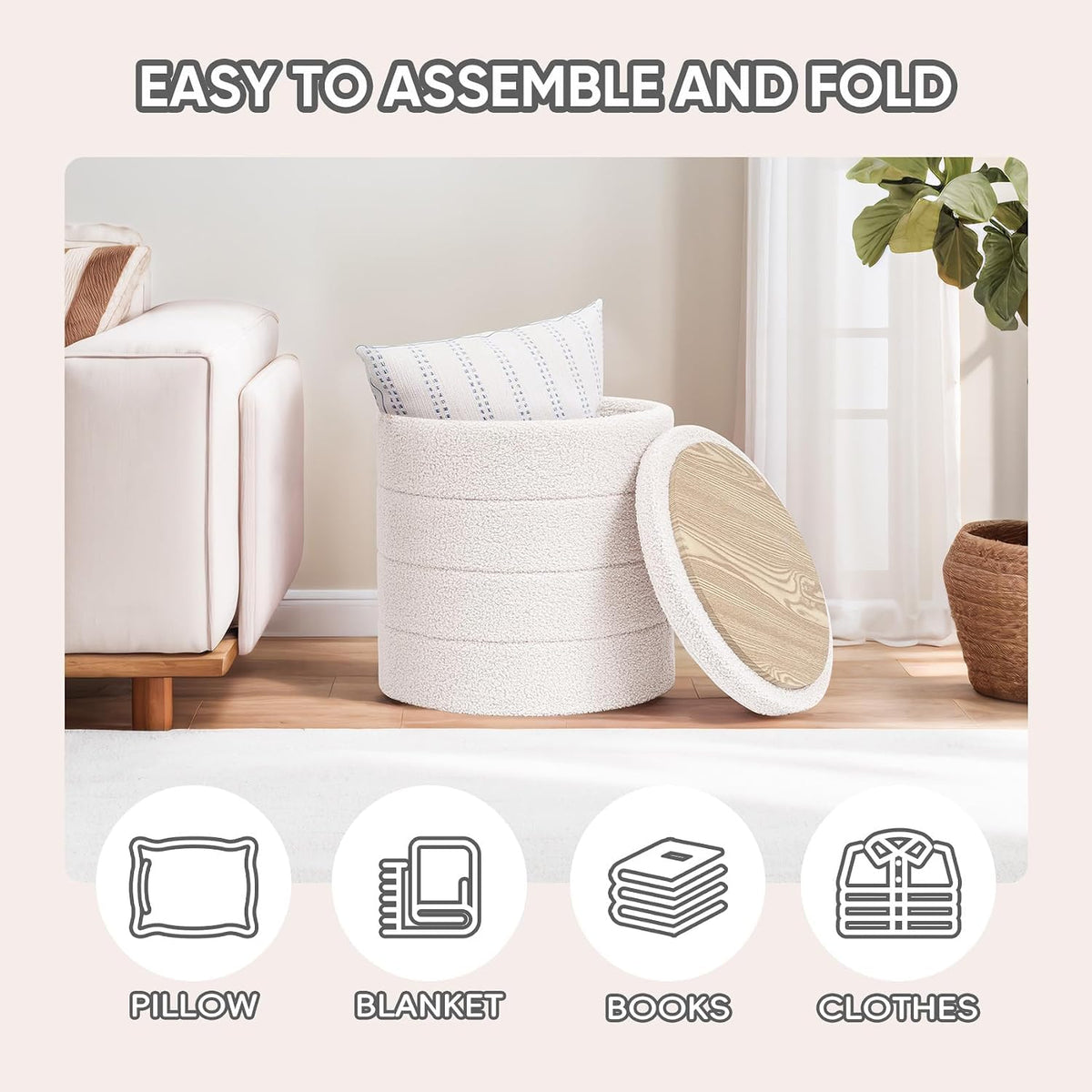PINPLUS Round Storage Ottoman Foot Rest Stool with Tray Velvet Sherpa Folding Storage Ottoman,Boucle Foot Rest for Living Room, Bedroom, Dorm,Cream White