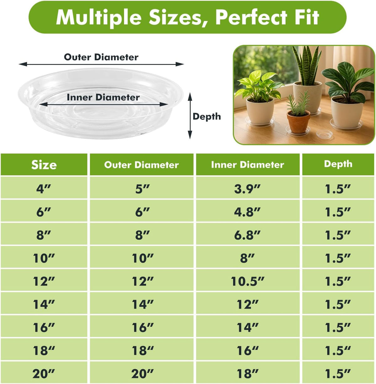 30 Packs 6 Inches Clear Plant Saucers for Indoor Outdoor Use Heavy Duty Plastic Plant Trays for Planter Bulk Flower Pot Drip Trays to Catch Water, 4 to 20 Inch