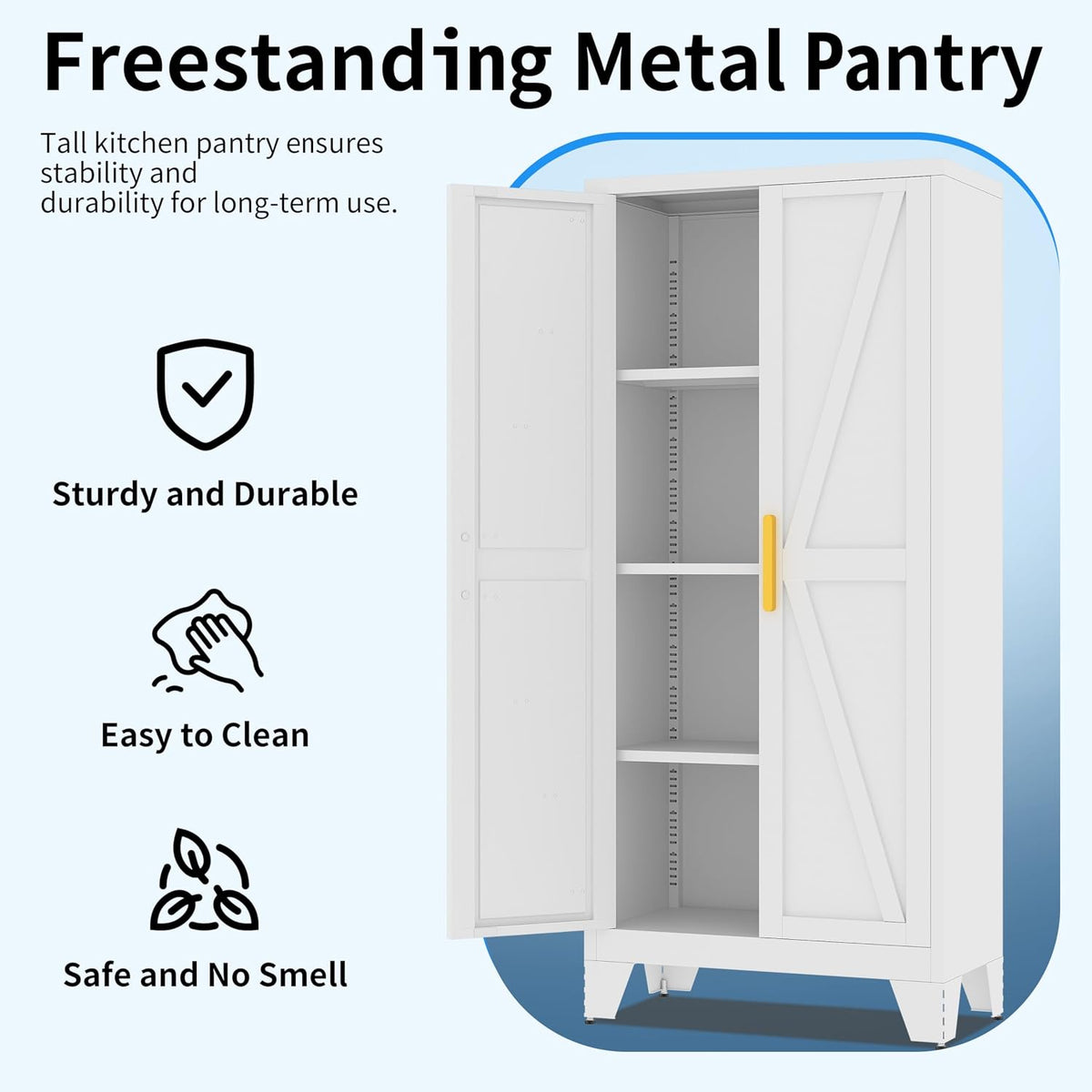 61" Tall Pantry Cabinet, White Metal Pantry Storage Cabinet | Metal Farmhouse Storage Cabinet,Kitchen Pantry Storage Cabinets with 2 Door and 3 Adjustable Shelves