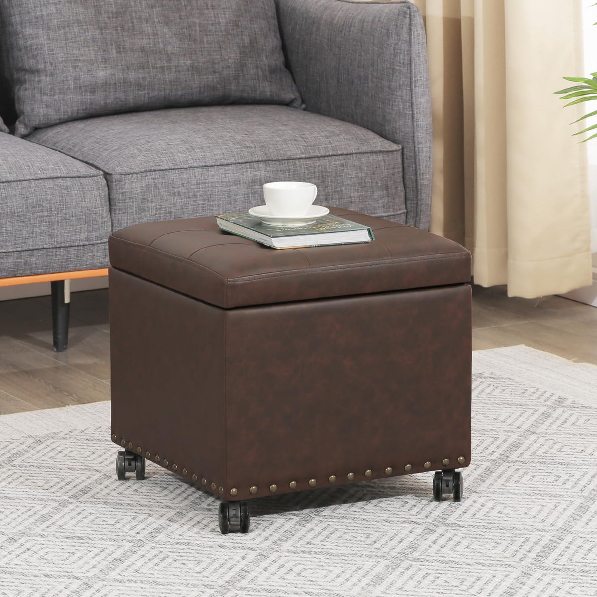 Adeco 16.7" H Brown Leather Storage Ottoman with 360 Caster Wheels, Square Foot Stool with Decorative Bronze Thumb Tacks & 330 LB Load Capacity, Modern Ottoman for Living Room, Bedroom, Entryway