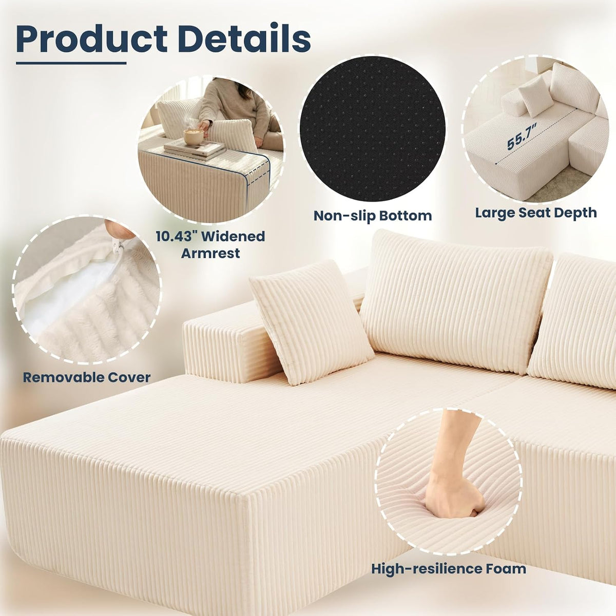DUMOS 105" L-Shaped Sectional Couch, Left Facing Chaise | Upholstered Corduroy Sofa with 55.7'' Deep Seat for Living Room, Small Apartment, No Assembly in a Box, Beige