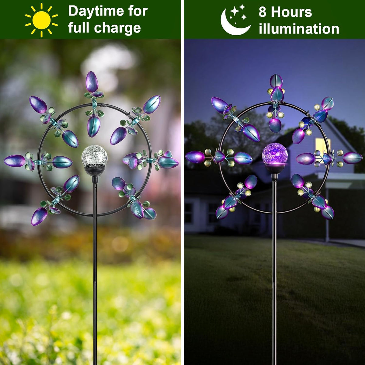 Large Solar Wind Spinners for Yard Art Garden-67 Inch 360° Metal Wind Sculptures Outdoor Clearance Kinetic Windmills with Multi Color Led Glass Ball