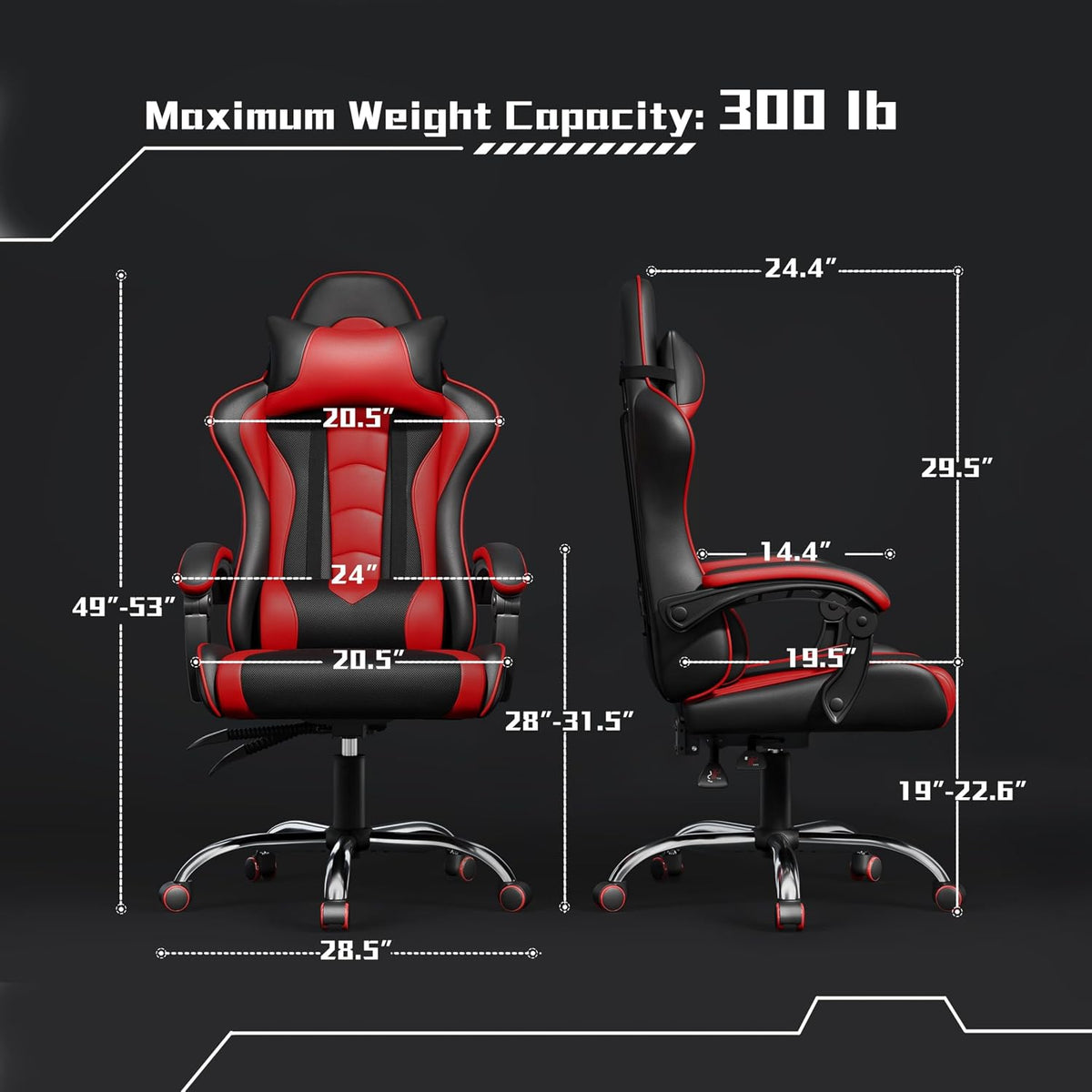 Yaheetech Gaming Chair with Massage Lumbar Pillow High Back Reclining Red | PU leather racing seat with thick foam padding, massaging lumbar cushion, headrest, and steady recline for all-day comfort.