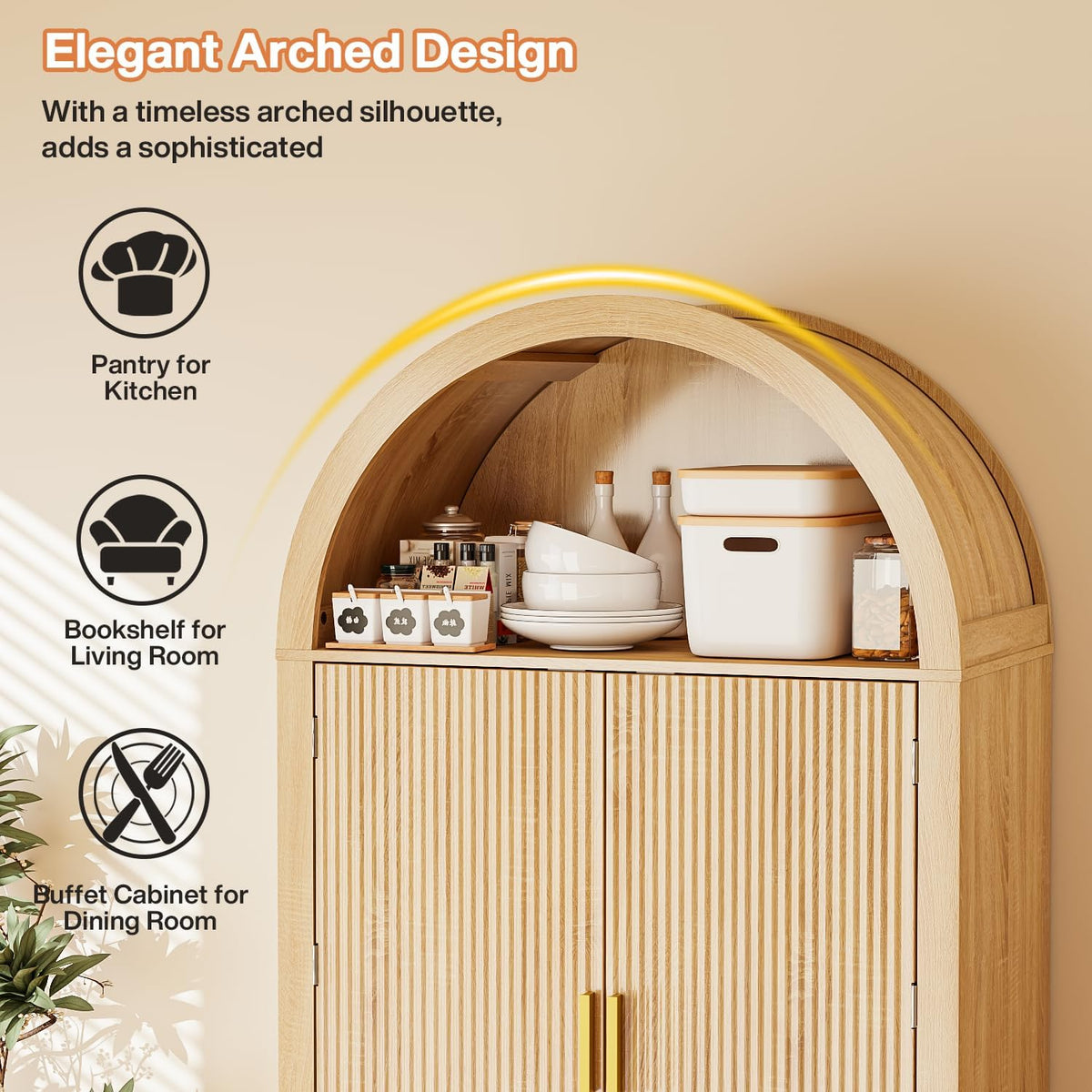 PRETZI Fluted Arched Cabinet with Doors, 71" Tall Kitchen Pantry Storage Cabinet with Adjustable Shelves and 6 Door Shelves, Freestanding Morden Organizer for Kitchen, Living Room, Natural Wood