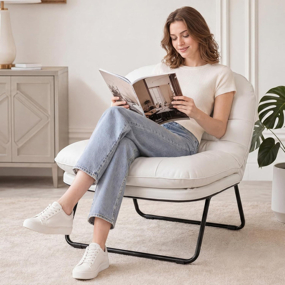DUMOS Comfy Saucer Chair, Small Foldable Floor Chair, PU Leather | Adjustable Back Support, Bedroom, Living Room, Dorm Gaming, Small Spaces Apartment, Adults, Creamy White